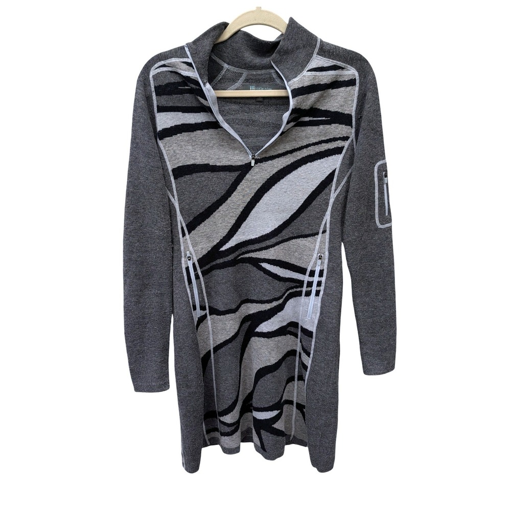Title Nine Merino Wool Quarter Zip‎ Sweater Dress Grey Abstract Pattern- L